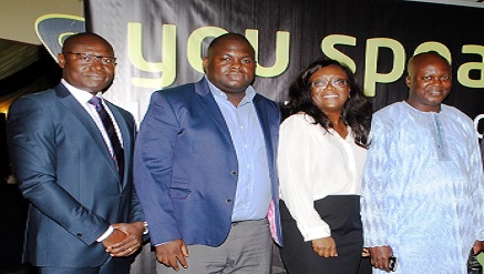 (L-R): Head, Corporate Sales, Eric Uwaoma; Head Mass Market, Idowu Adesokan; Head Customer Experience & Retention, Biola Edun, all of Etisalat Nigeria, with Etisalat customer, Moshood Ismael, at the Akure edition of Etisalat Customer Forum 2014, held at Ruby's Court Event Centre, Oke Ijebu, Akure, recently.